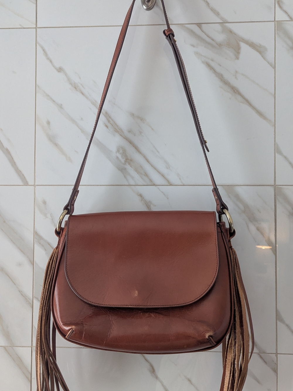 Large Banana Republic Tan Saddle Leather Fringe Crossbody Bag